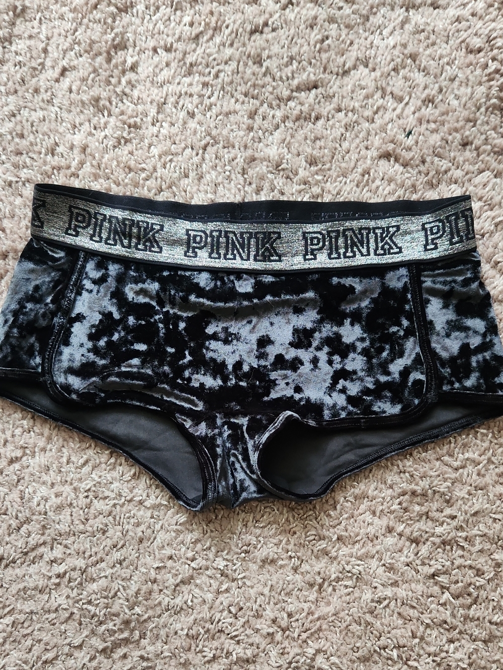 PINK Victoria's Secret Black Crushed Velvet Boyshorts with Silver Logo Waistband